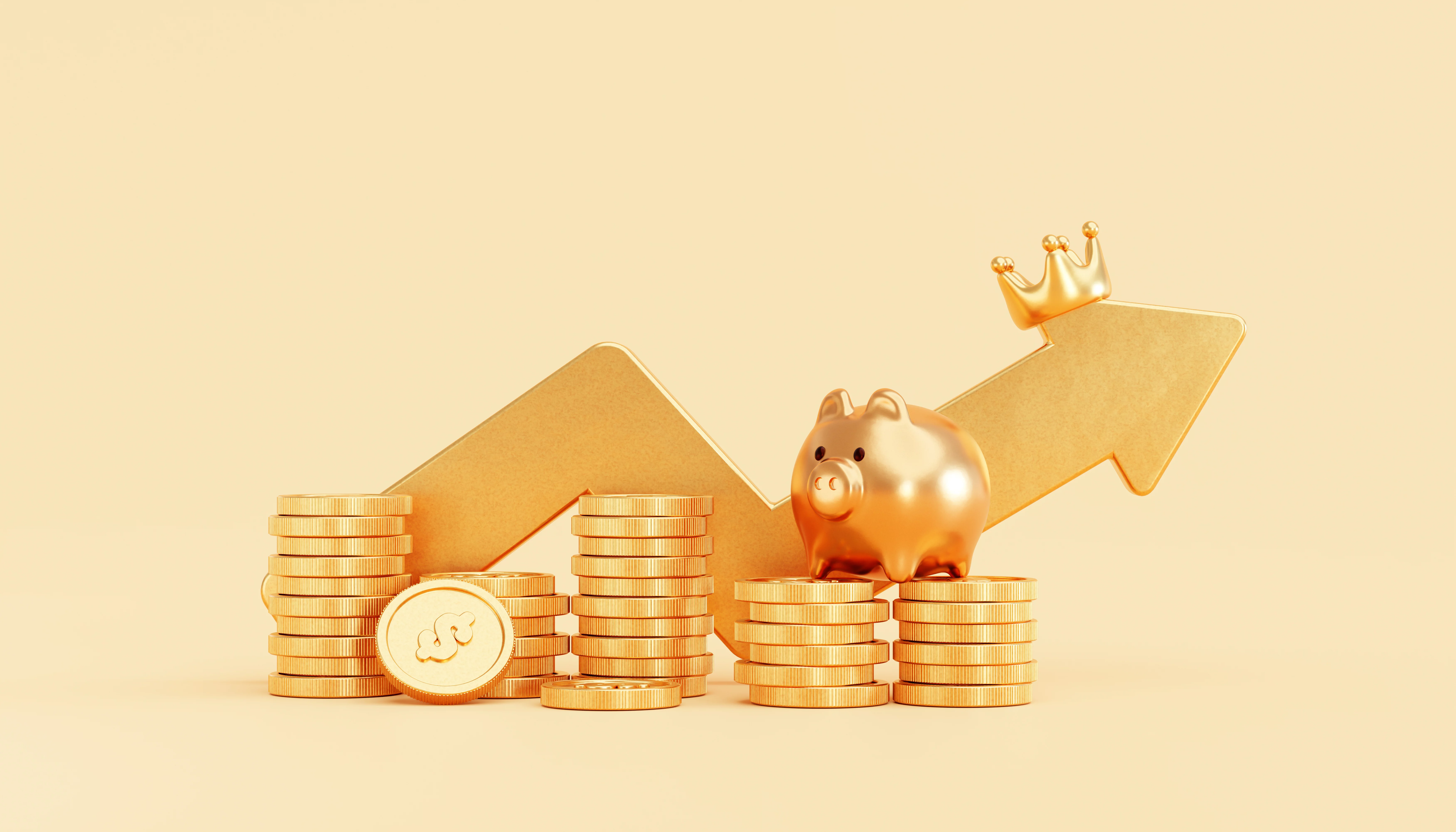 Gold Piggy Bank With Gold Coin Money Stacks Growing Arrow Business Finance Savings Investment Concept Background 3d Illustration